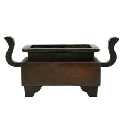 Lot 527 - A Chinese bronze rectangular censer, Qing dynasty, 19th century, Yu tang qing wan mark