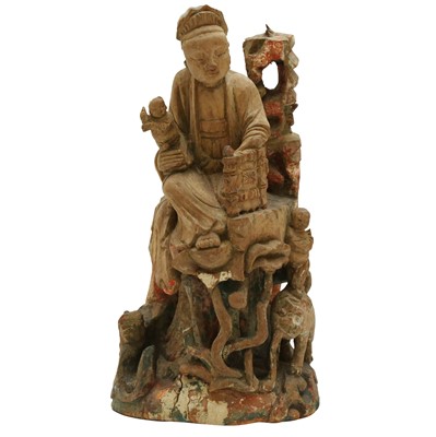 Lot 563 - A Chinese painted wood figure group, Qing dynasty, 17th - 18th Century