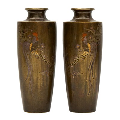 Lot 116 - A pair of Japanese bronze 'cockerel' vases, Meiji period, late 19th century