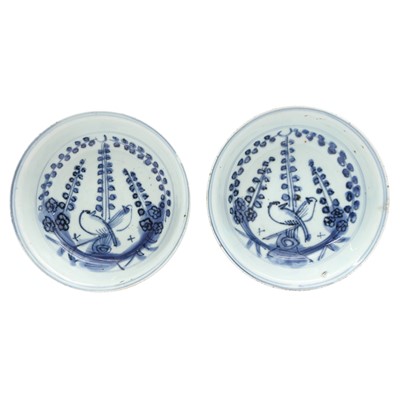 Lot 693 - Two Chinese kosometsuke blue and white 'birds' bowls, Ming dynasty, Tianqi period