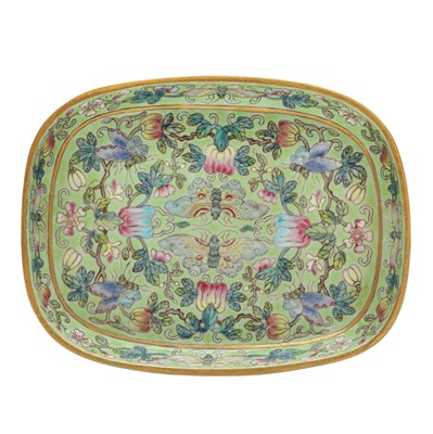 Lot 619 - A Chinese famille-rose green-ground 'butterfly' dish, 20th century, Jiaqing mark