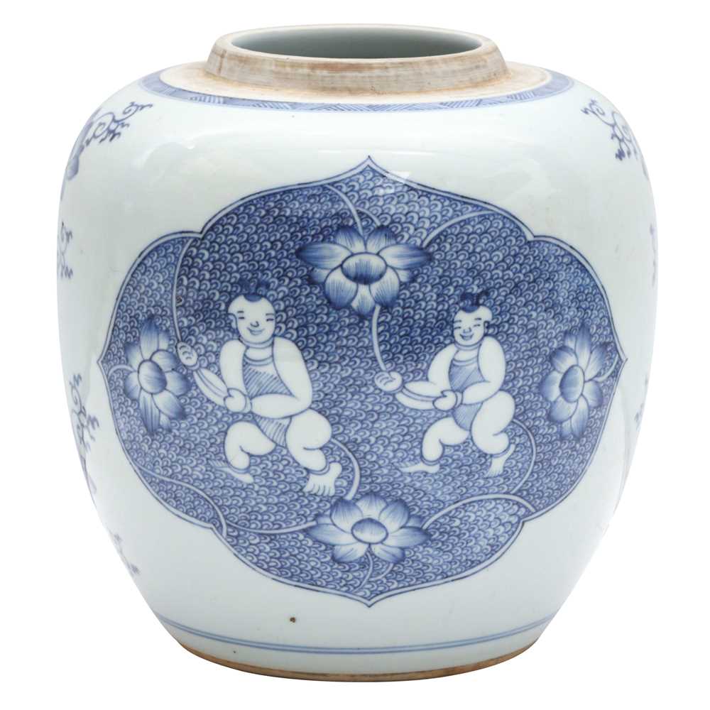 Lot 437 - A Chinese blue and white 'boys' jar, Qing dynasty, Kangxi period