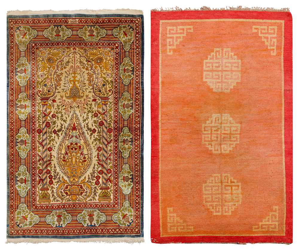Lot 67 - AN EXTREMELY FINE SILK HEREKE PRAYER RUG, TURKEY AND TIBETAN RUG