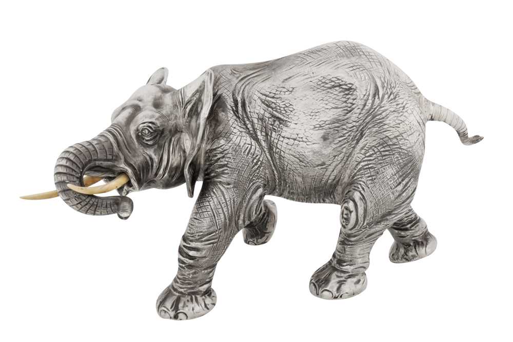 Lot 88 - AN EARLY 20TH CENTURY GERMAN STERLING SILVER MODEL OF AN ELEPHANT, HANAU WITH IMPORT MARKS FOR LONDON 1922 BY BERTHOLD MULLER