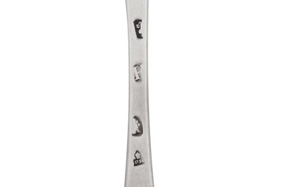 Lot 413 - A George I Britannia standard silver dessert spoon, London 1723 by Paul Hanet (reg. 7th March 1716)