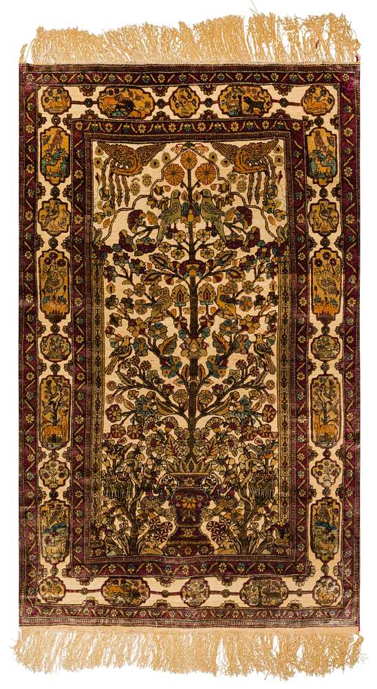 Lot 96 - A VERY FINE ANTIQUE SOUF SILK KASHAN PRAYER RUG, CENTRAL PERSIA 