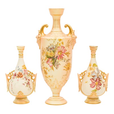 Lot 23 - Three Royal Worcester floral Blush Ivory Porcelain Vases circa 1900