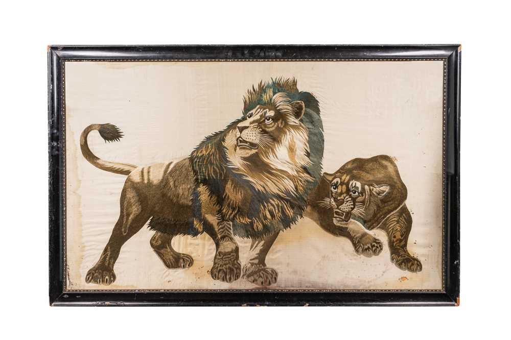 Lot 91 - A JAPANESE SILK PICTURE OF LIONS