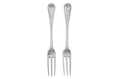 Lot 431 - A pair of George II sterling silver table forks, London 1750/52 by James Tookey (reg. 11th May 1750)