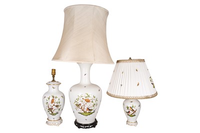 Lot 167 - A group of three Herend Rothschild Birds pattern porcelain table lamps, late 20th Century
