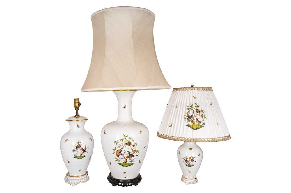 Lot 167 - A group of three Herend Rothschild Birds pattern porcelain table lamps, late 20th Century