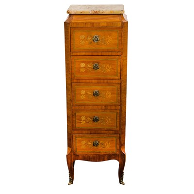 Lot 342 - French marble topped walnut and marquetry slender chest of drawers, late 19th century