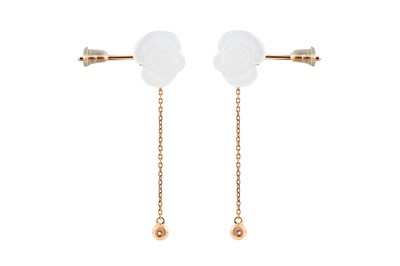 Lot 50 - A PAIR OF CHALCEDONY AND DIAMOND PENDANT EARRINGS
