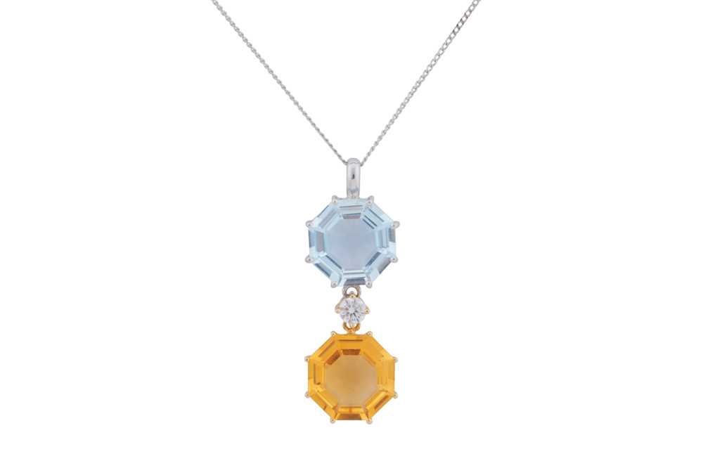 Lot 149 - A topaz, citrine and diamond pendant necklace