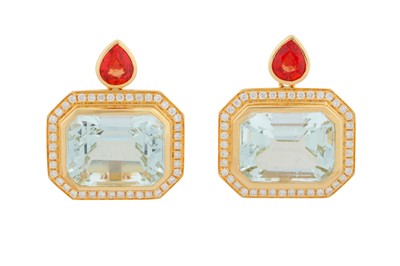 Lot 158 - A pair of aquamarine, tourmaline and sapphire pendent earrings