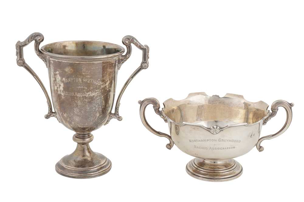 Lot 646 - Two George V sterling silver greyhound twin handled trophies