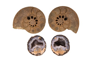 Lot 58 - A SLICED AMMONITE AND SLICED QUARTZ GEODE