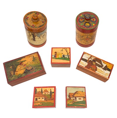 Lot 447 - Folk Art - Five Russian Kustar boxes and two covered jars
