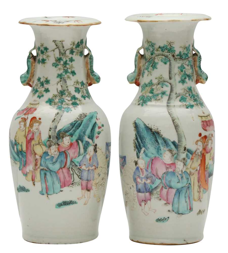 Lot 501 - A pair of Chinese famille-rose 'figural' vases, Qing dynasty, 19th century