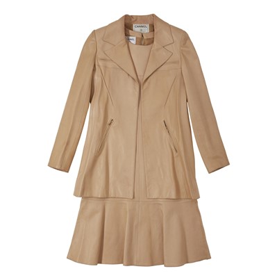 Lot 139 - Chanel Beige Leather Dress and Jacket Set - Size 36