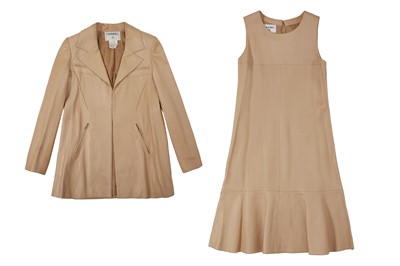 Lot 139 - Chanel Beige Leather Dress and Jacket Set - Size 36