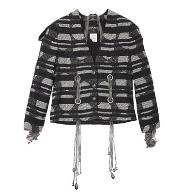 Lot 214 - Chanel Monochrome Tweed CC Chain Jacket - Size 40