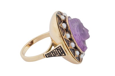 Lot 18 - An amethyst, enamel and half pearl ring