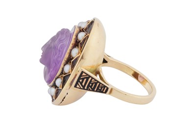 Lot 18 - An amethyst, enamel and half pearl ring