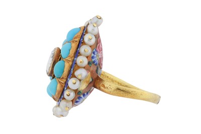 Lot 10 - A diamond, turquoise, enamel and seed pearl ring