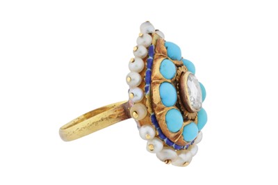Lot 10 - A diamond, turquoise, enamel and seed pearl ring