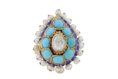 Lot 10 - A diamond, turquoise, enamel and seed pearl ring