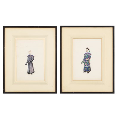 Lot 366 - A pair of Chinese pith 'courtier costumes' paintings, Chinese School, 19th century