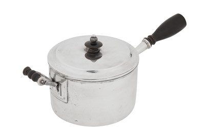 Lot 94 - An early 19th century Indian colonial silver curry pan with egg coddler, Calcutta circa 1830 by Pittar and Co (active 1825-48)