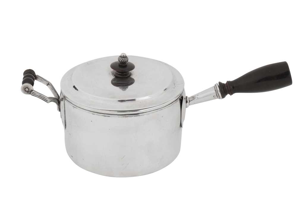 Lot 94 - An early 19th century Indian colonial silver curry pan with egg coddler, Calcutta circa 1830 by Pittar and Co (active 1825-48)