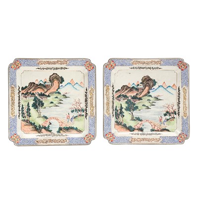 Lot 235 - A pair of Chinese Canton enamel 'landscape' dishes, Qing dynasty, Qianlong period