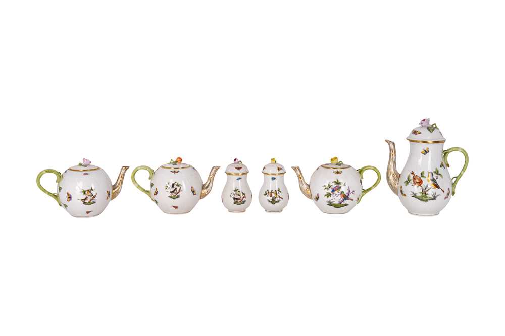 Lot 173 - A group of three Herend Rothschild Bird pattern teapots, together with a pair of sugar shakers and a coffee pot