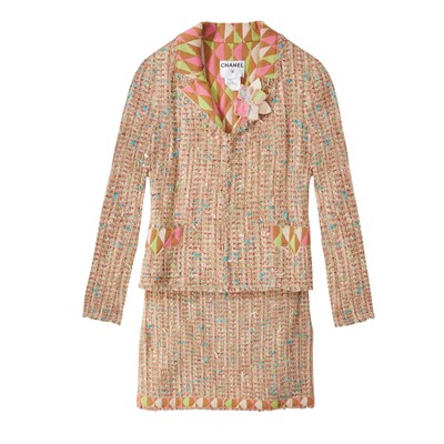 Lot 130 - Chanel Beige Boucle Skirt Suit - Size 44