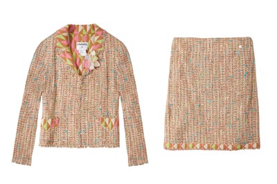 Lot 130 - Chanel Beige Boucle Skirt Suit - Size 44