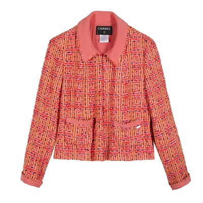 Lot 16 - Chanel Coral Geometric Tweed Jacket - Size 44