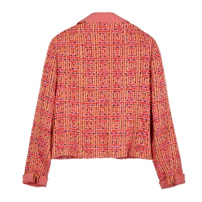 Lot 16 - Chanel Coral Geometric Tweed Jacket - Size 44