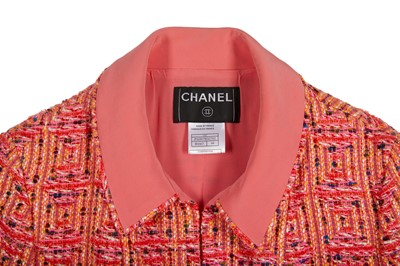 Lot 16 - Chanel Coral Geometric Tweed Jacket - Size 44