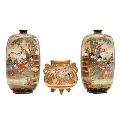 Lot 110 - Two Japanese Satsuma vases by Kaizan and a koro, Meiji period
