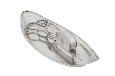 Lot 443 - A George III sterling silver snuffers or wick trimmers on tray, the tray London 1788 by Robert Hennell II