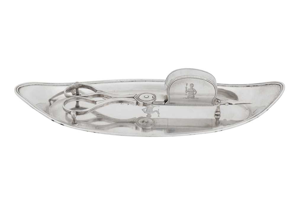Lot 443 - A George III sterling silver snuffers or wick trimmers on tray, the tray London 1788 by Robert Hennell II