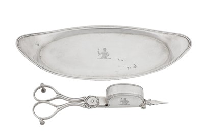 Lot 443 - A George III sterling silver snuffers or wick trimmers on tray, the tray London 1788 by Robert Hennell II