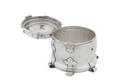 Lot 362 - A Victorian art and crafts sterling silver tea caddy, Birmingham 1899, marked for Liberty and Co, designed by Oliver Baker (1856-1939)