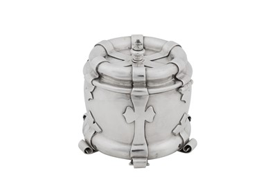 Lot 362 - A Victorian art and crafts sterling silver tea caddy, Birmingham 1899, marked for Liberty and Co, designed by Oliver Baker (1856-1939)
