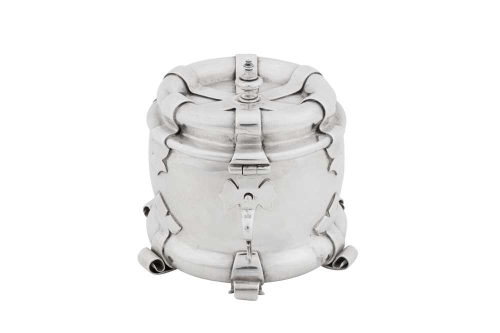 Lot 362 - A Victorian art and crafts sterling silver tea caddy, Birmingham 1899, marked for Liberty and Co, designed by Oliver Baker (1856-1939)