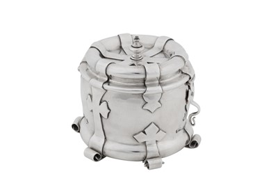 Lot 362 - A Victorian art and crafts sterling silver tea caddy, Birmingham 1899, marked for Liberty and Co, designed by Oliver Baker (1856-1939)