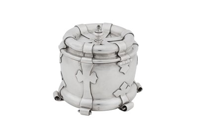Lot 362 - A Victorian art and crafts sterling silver tea caddy, Birmingham 1899, marked for Liberty and Co, designed by Oliver Baker (1856-1939)